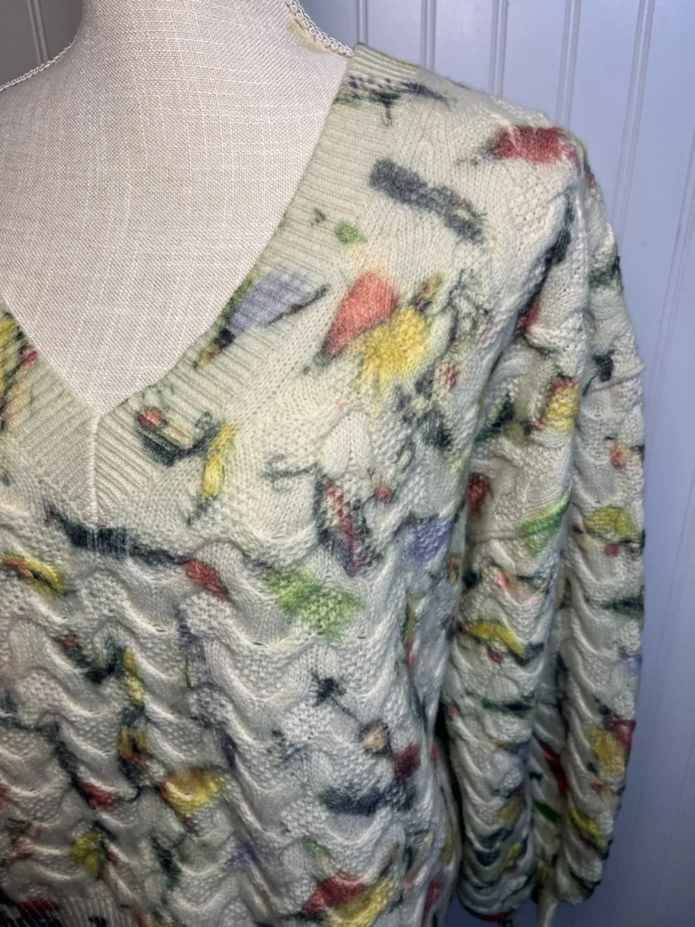 Anthropologie “Catch of the Day” fish lure design cable knit 100% lambswool